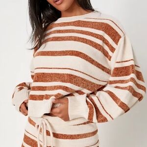 Lulu's‎ Cream and Brown Crop Knit  Sweater